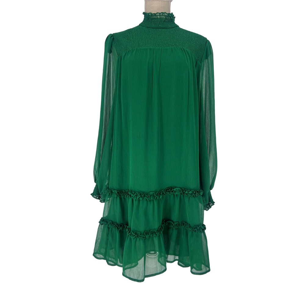 CeCe Shift Dress Women M Green Smocked Mock Neck Ruffle Tiered Chiffon Party